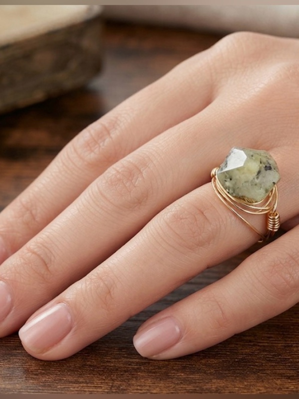 Wire-Wrapped Prehnite  Gemstone Ring size 8